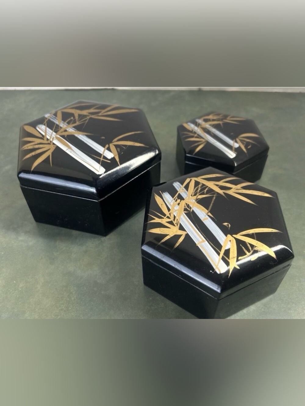 Vintage 1980s Taiwan Trinket Boxes Set 3 Black Bamboo Hexagon Lacquer Nesting